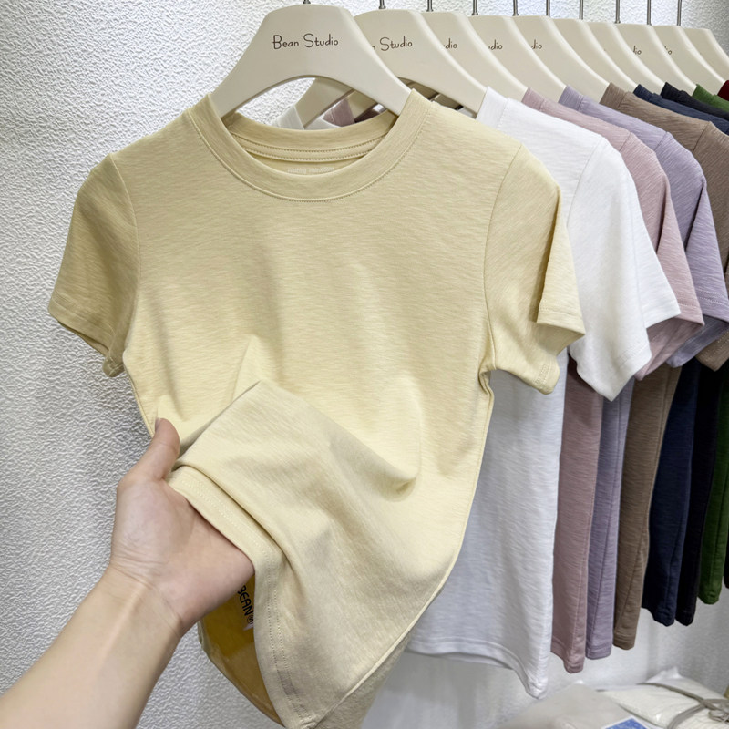 2026年新作 夏物 韓国風 レディース 半袖Tシャツ ラウンドネック、スリムフィット、ストレートショルダー、軽量で柔らかな竹綿素材