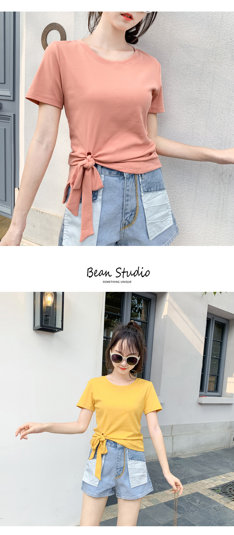 2022夏新款独特系带蝴蝶结不规则短袖T恤女修身百搭别致时尚上衣详情9