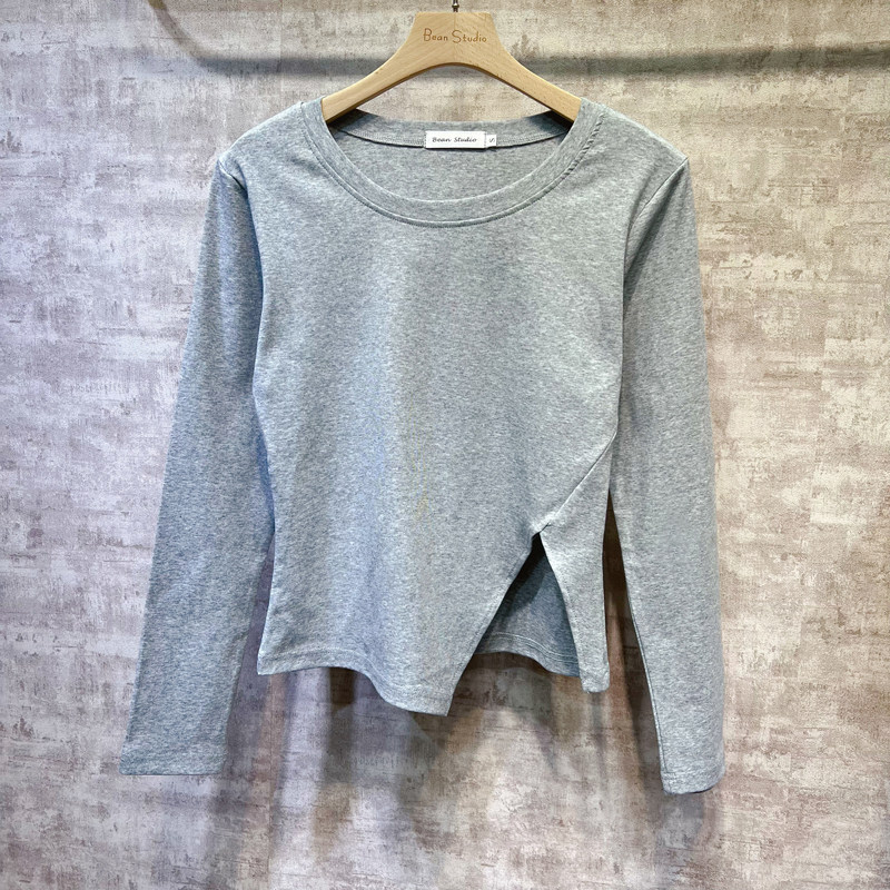 2022春新不规则设计感侧开叉T恤女长袖圆领修身短款纯色打底上衣详情8