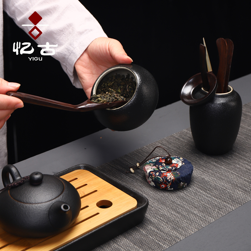 Have the ebony wood, ceramic tea six gentleman 's suit detong tea tray was kung fu tea accessories ChaGa tea spoon