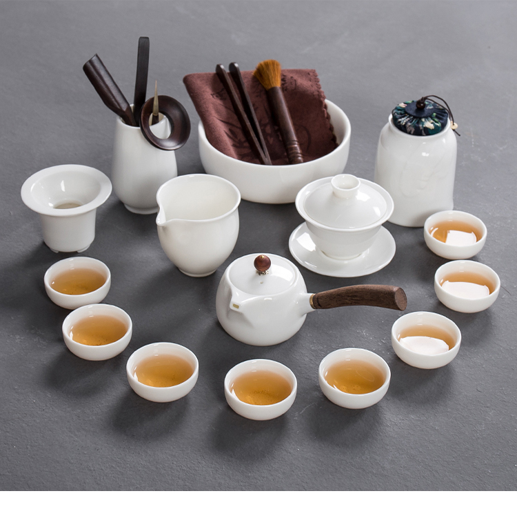 Have the ancient white porcelain suet jade kung fu tea set household dehua white porcelain of a complete set of I and contracted teapot teacup