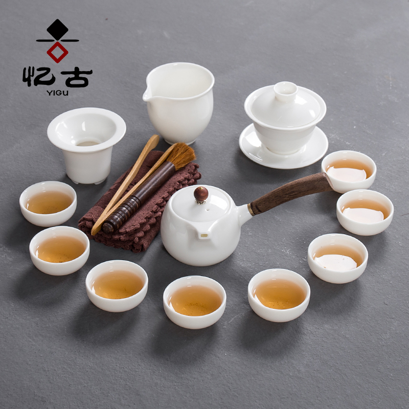 Have the ancient white porcelain suet jade kung fu tea set household dehua white porcelain of a complete set of I and contracted teapot teacup