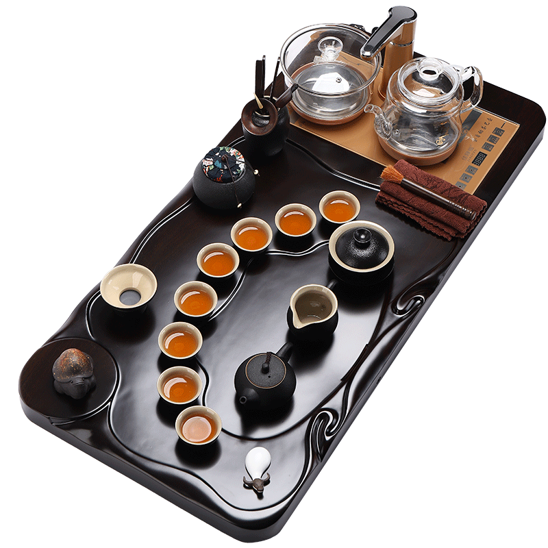 Have the ancient tea set household automatic snap a whole set of ebony wood tea tray ceramic kung fu tea cups