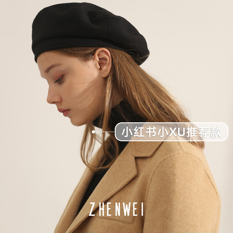 True Wei black beret women's woolen British retro woolen hat trendy beret autumn all-match retro navy hat