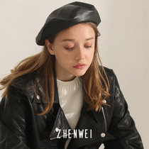 True Wei black PU leather beret Net red female British retro autumn and winter small size big head round Bud cap
