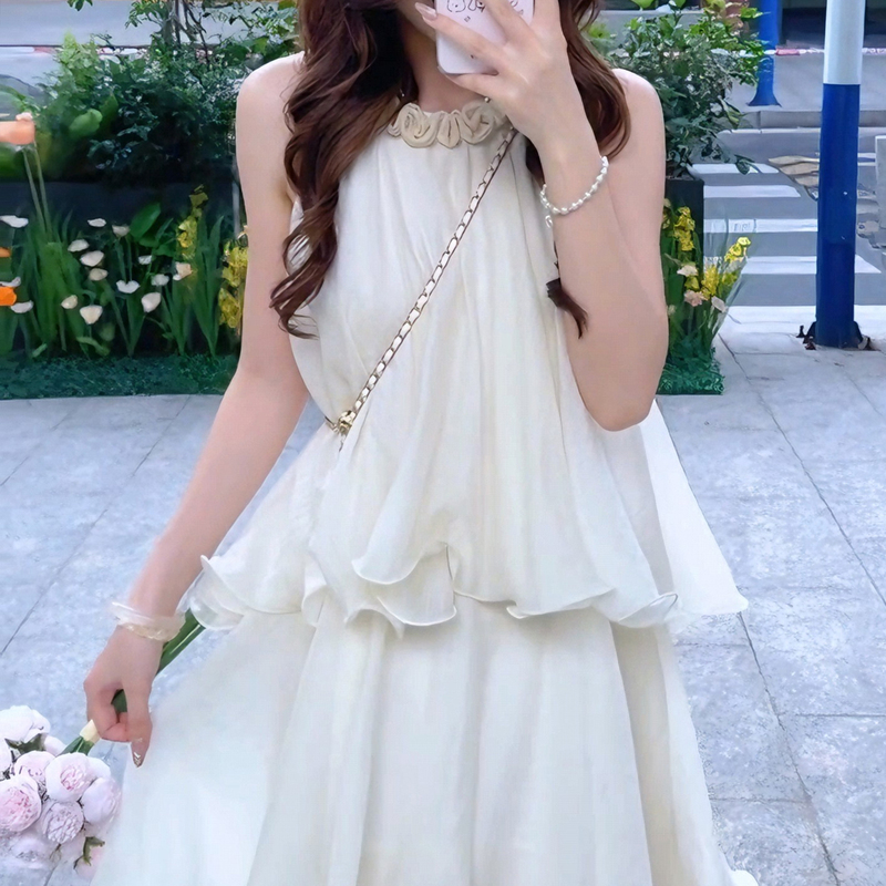 French Resort Style Halter Neck Dress for Women, Summer, Stunning and Elegant, White Tiered Fairy Dress, Tank Top Long Dress for Petite Women French Resort Style Halter Neck Dress for Women, Summer, Stunning and Elegant, White Tiered Fairy Dress, Tank Top Long Dress for Petite Women