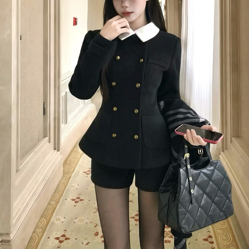 Rich Girl British Style Double-Breasted Waist-Cinching Woolen Coat Women's Autumn and Winter High-Waisted Shorts Two-Piece Set for Petite Women Rich Girl British Style Double-Breasted Waist-Cinching Woolen Coat Women's Autumn and Winter High-Waisted Shorts Two-Piece Set for Petite Women