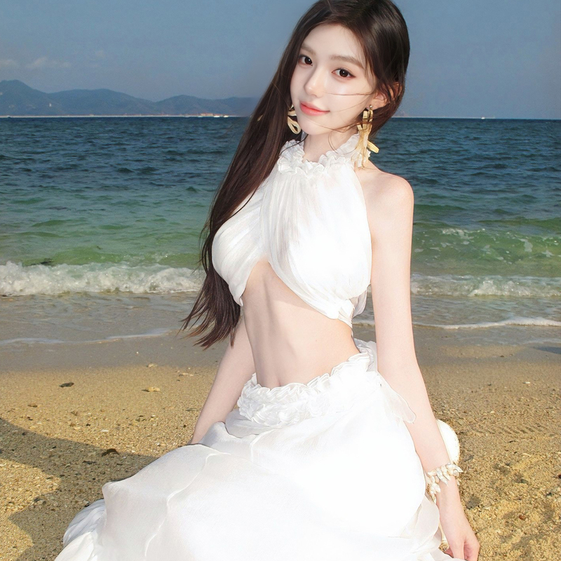Beach Vacation Style Design, Sexy White Backless Halter Top, Women's Summer Stunning Fairy-Like Skirt Suit