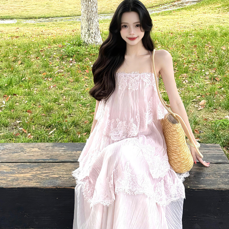 Sweet and Stylish Pink Lace Fairy Slip Dress for Women, Perfect for Summer Vacations, with a Backless Cake Dress Design