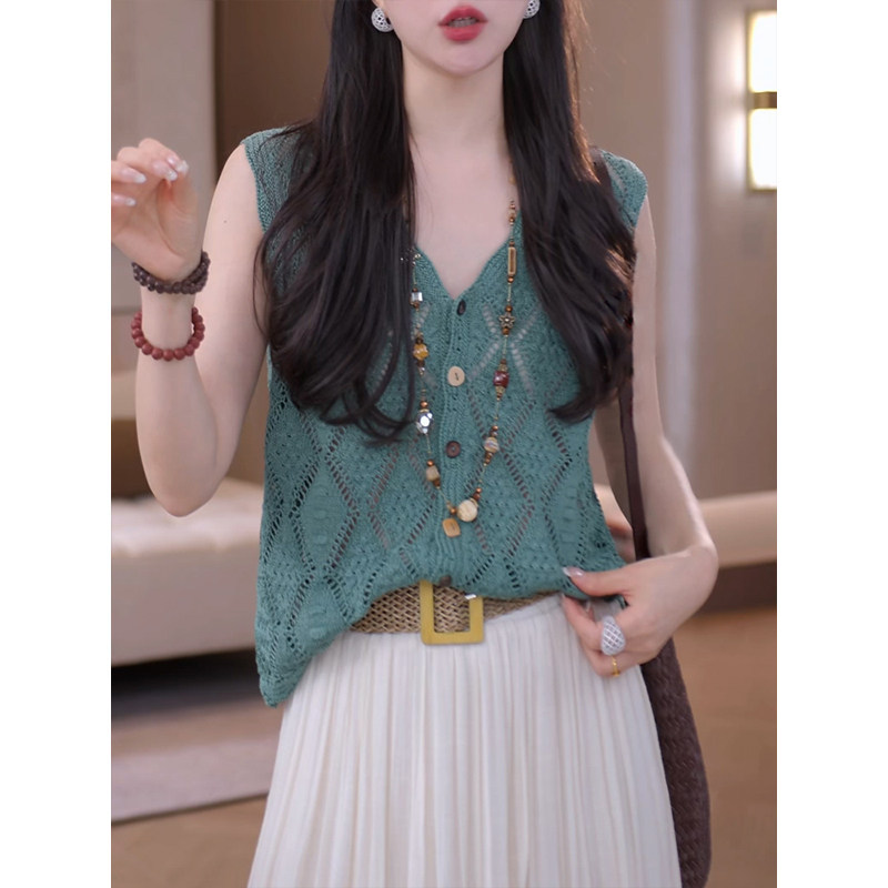 Hollow-Out V-Neck Knitted Vest for Women, 2026 Summer New Casual Sleeveless Cardigan, Solid Color Top Hollow-Out V-Neck Knitted Vest for Women, 2026 Summer New Casual Sleeveless Cardigan, Solid Color Top