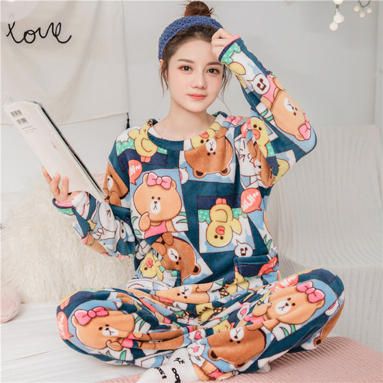 Autumn and winter thickened flannel pajamas women's suit home clothes plus velvet cute long sleeves warm coral velvet large size