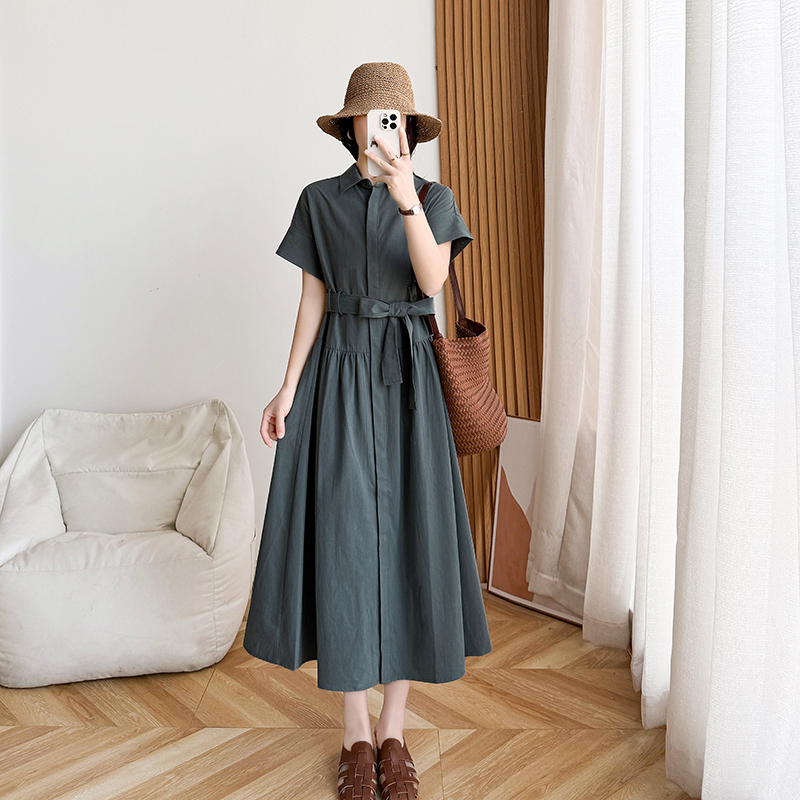 Dafei Long Dress for Women, Summer 2026 New High-End French Retro Style, Waist-Cinching, Slimming, Turn-Down Collar, Tall Women's Tie-Waist Dress