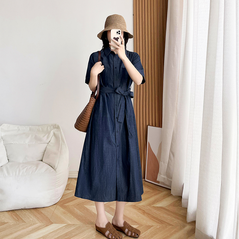 Dafei 2026 New Style All-Cotton Vintage Shirt Dress Loose Long Over-The-Knee Tie Solid Color Dress for Women Summer Dafei 2026 New Style All-Cotton Vintage Shirt Dress Loose Long Over-The-Knee Tie Solid Color Dress for Women Summer