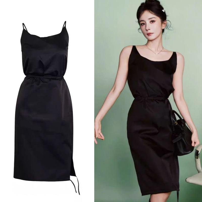 Yang Mi's Same Style Black Satin Spaghetti Strap Dress for Women, Summer Waist-Cinching Slimming Elegant Mid-Length Slit Little Black Dress Yang Mi's Same Style Black Satin Spaghetti Strap Dress for Women, Summer Waist-Cinching Slimming Elegant Mid-Length Slit Little Black Dress