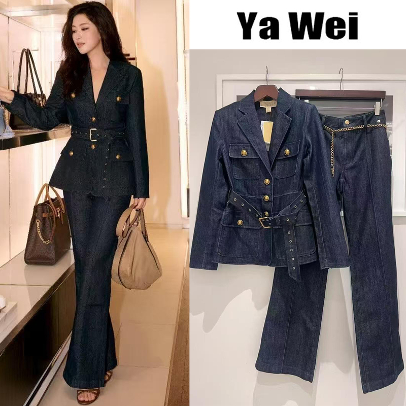 Zhu Zhu Celebrity-Inspired Dark Blue Suit Set for Women, Elegant and Sophisticated, Slim-Fit Workwear Denim Blazer