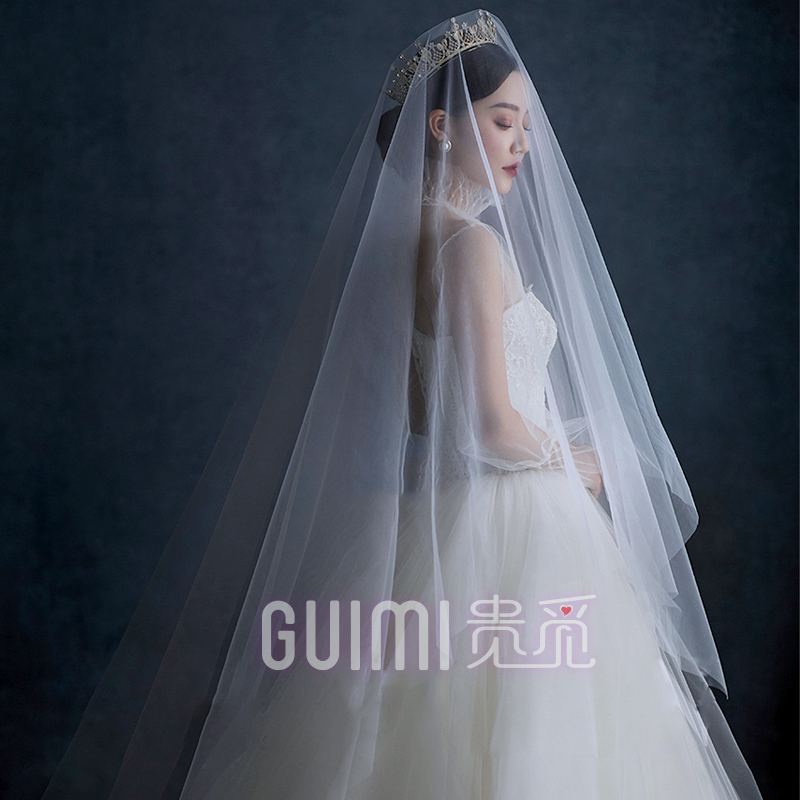 High-list layer long veil Korean bride's main wedding dress trailing Mori series photo props nude gauze thin super fairy yarn
