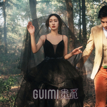 Brides veil single-layer long tailing brigade wedding simple headdress retro Halloween photo props black soft yarn