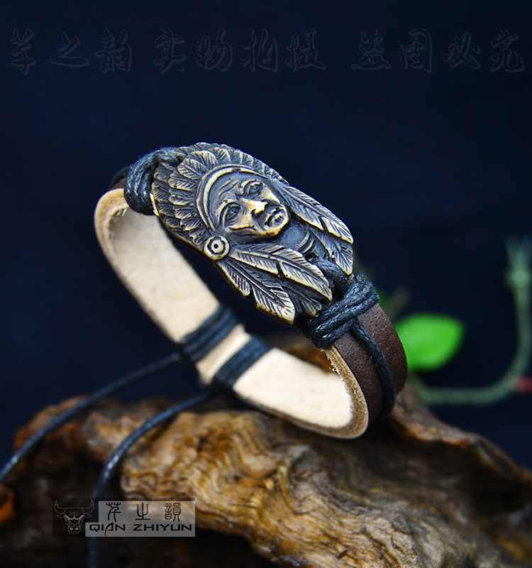 European and American Punk Style Indian Yak Bone Carving Leather Bracelet Niche Rock Leather Bracelet Dc Batman