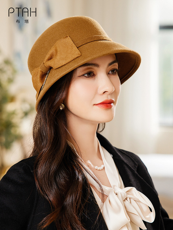 Buta Black Beret Autumn and Winter Hat for Women British Style Hat Pure Wool Felt Hat with Shaped Bow and Round Top