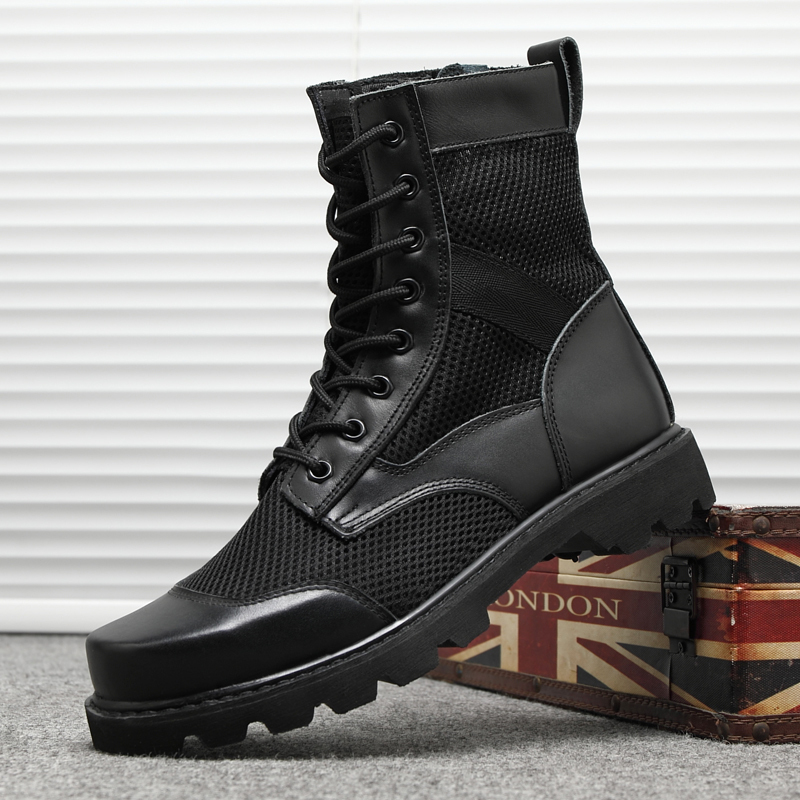Mesh Combat Boots Men's Work Boots Breathable Square Toe Security Leather Boots Large Size High-End Martin Boots Steel Toe Steel Sole Security Inspection