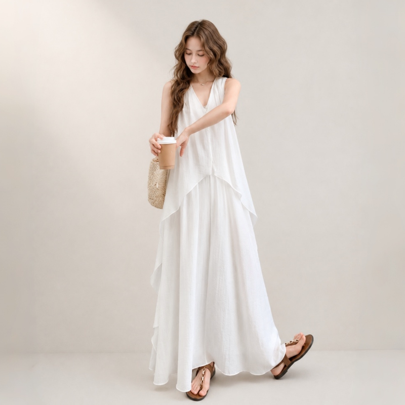 White Fake Two-Piece Sleeveless Dress for Women, Summer 2026 New French Style, Super Fairy-Like Seaside Vacation Style Tank Top Long Dress White Fake Two-Piece Sleeveless Dress for Women, Summer 2026 New French Style, Super Fairy-Like Seaside Vacation Style Tank Top Long Dress