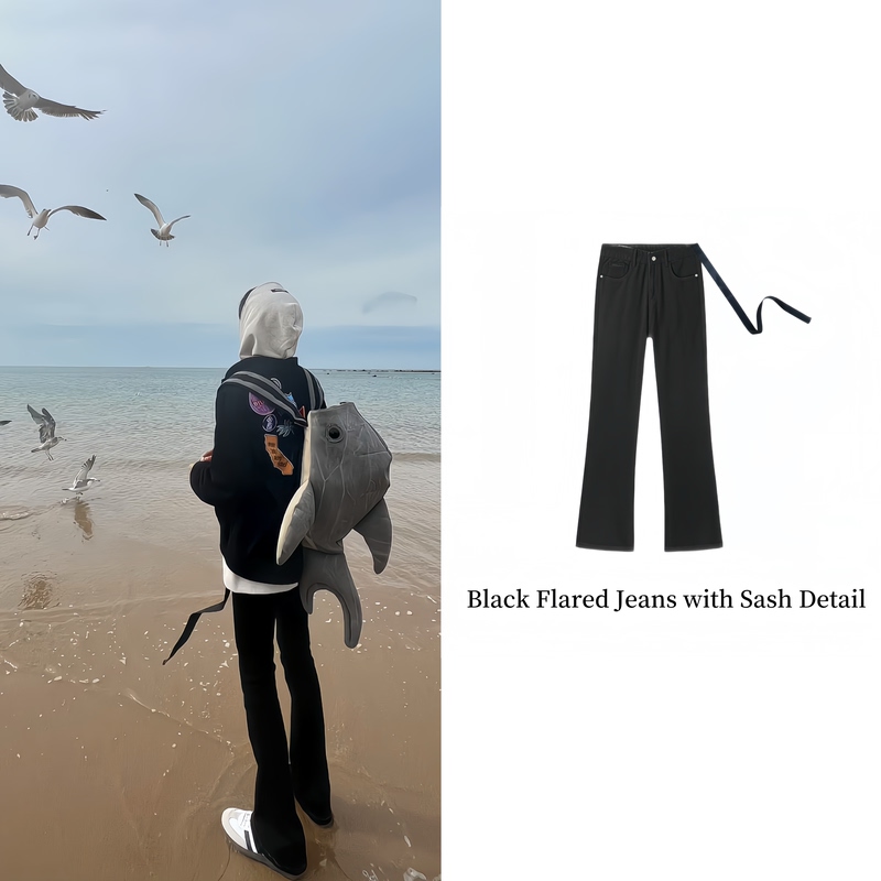 Bizijun American Style Pure Black Flared Jeans for Tall Men, Fleece-Lined, Drapey, Slim Fit, Covering Flared Pants