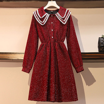 Large size womens clothing 2021 spring and autumn new fat sister foreign style thin wine red doll collar waist temperament dress