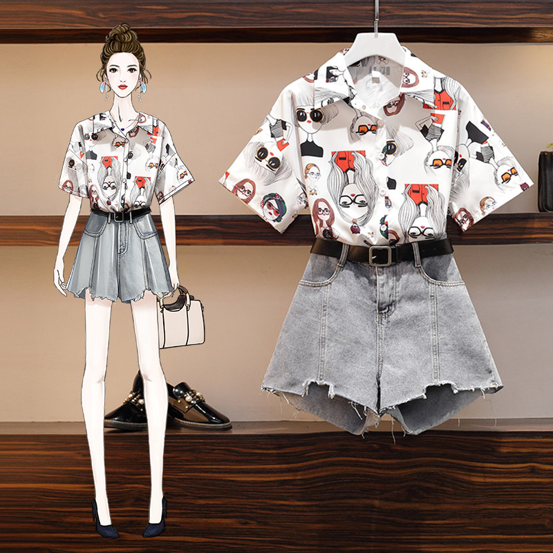 Large size women's clothing 2022 summer new Yankee skinny jeans fat sister fashion reduced age two piece suit