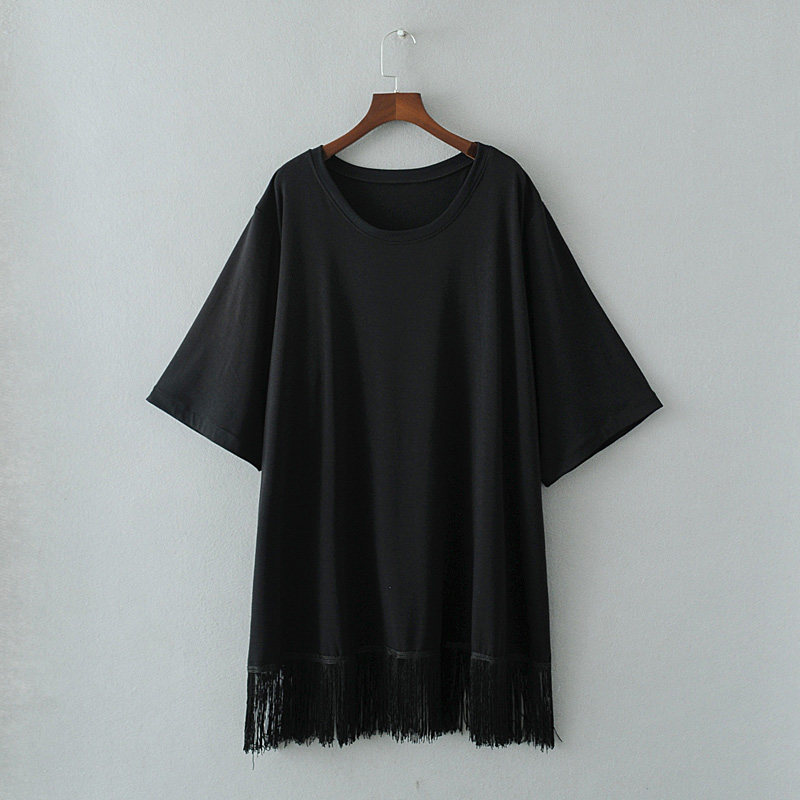 Gugujia custom large size women's clothing fat MM200 catties plus fertilizer to increase loose bottoming skirt wild tassel stitching T-shirt