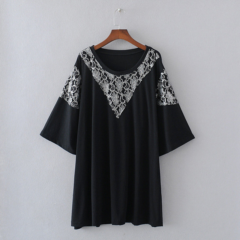 Gugujia custom summer new fat MM200 catties round neck loose half-sleeved bottoming shirt lace stitching wild T-shirt