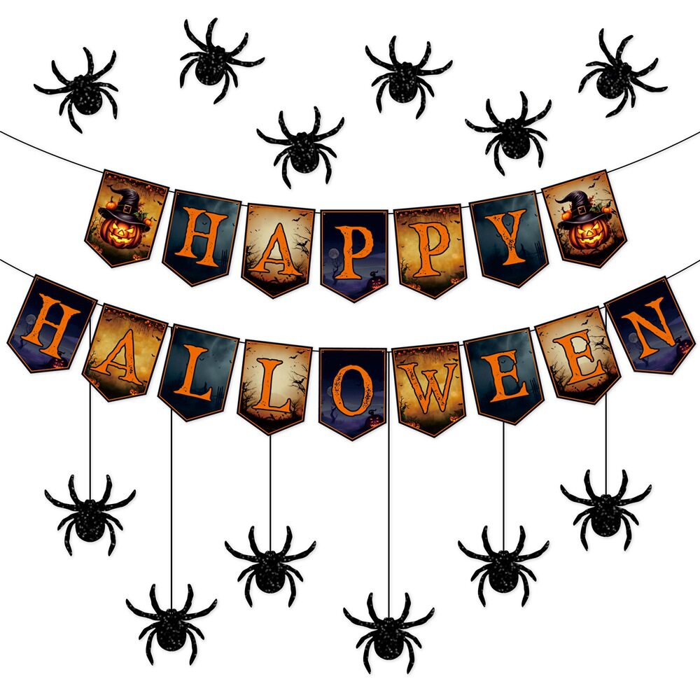 Happy Halloween Banner With Spiders