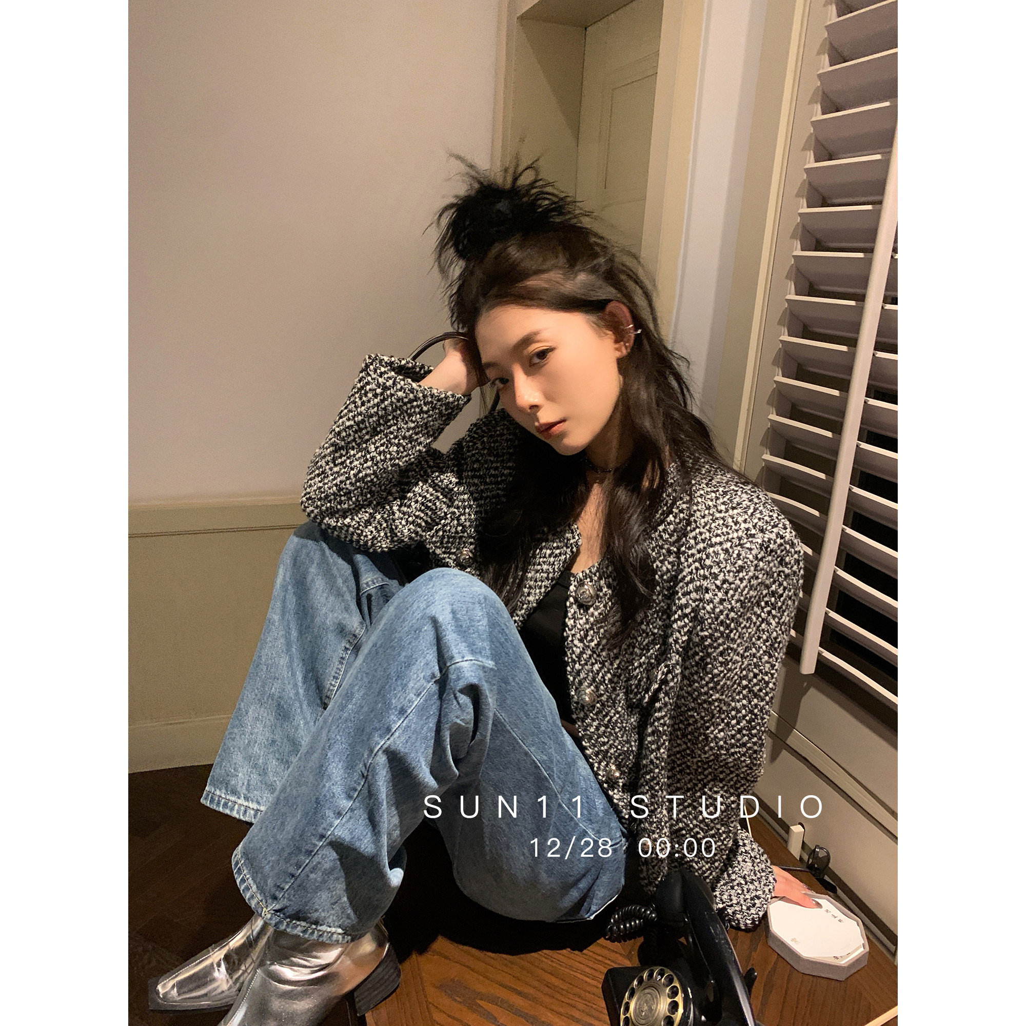 SUN11 wool small balsamic wind short style jacket female spring 2022 French style snowflake temperament superior suit blouse