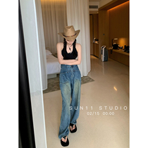 SUN11 American retro design sense niche jeans womens summer high-rise straight leg loose mop wide leg pants