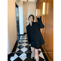 SUN11 black casual blazer womens spring and autumn niche design sense Korean version loose small man suit top