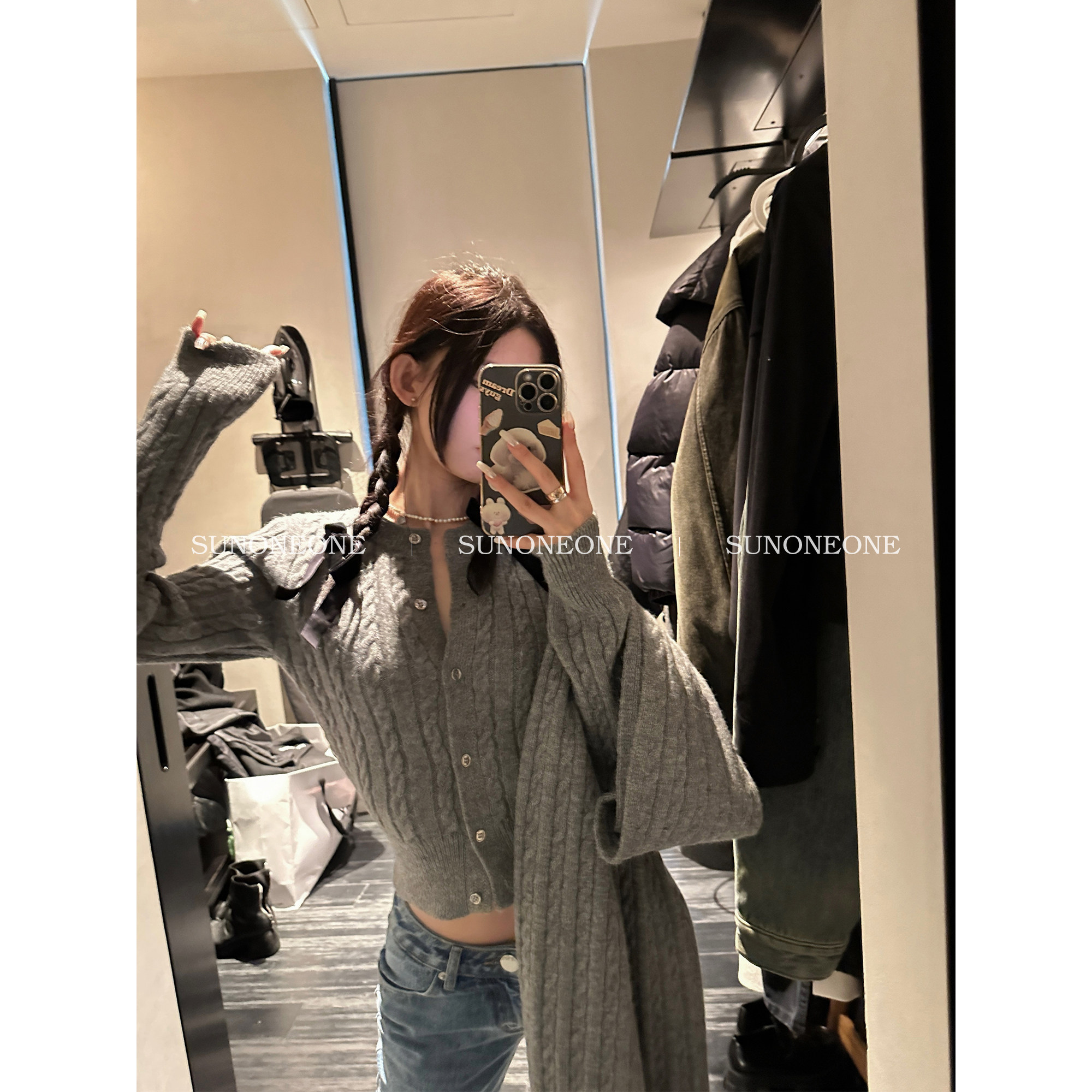 Sunoneone (Twist Scarf) grey sashimi shorts thick sweatshirt cardiovert woman autumn winter long sleeve knitwear-Taobao