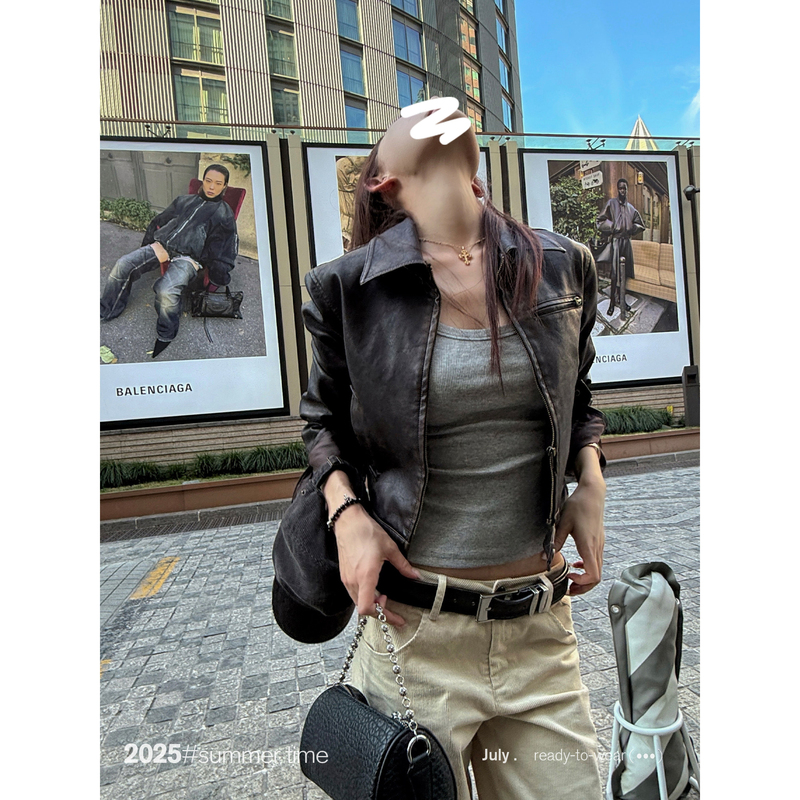 Sunoneone Cool and Stylish American-Style Short Leather Jacket for Women, Spring Slim-Fit Pu Retro Biker Jacket Top
