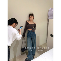 SUN11 Vintage mop jeans womens design sense niche high waist slim straight leg loose drape feeling wide leg pants