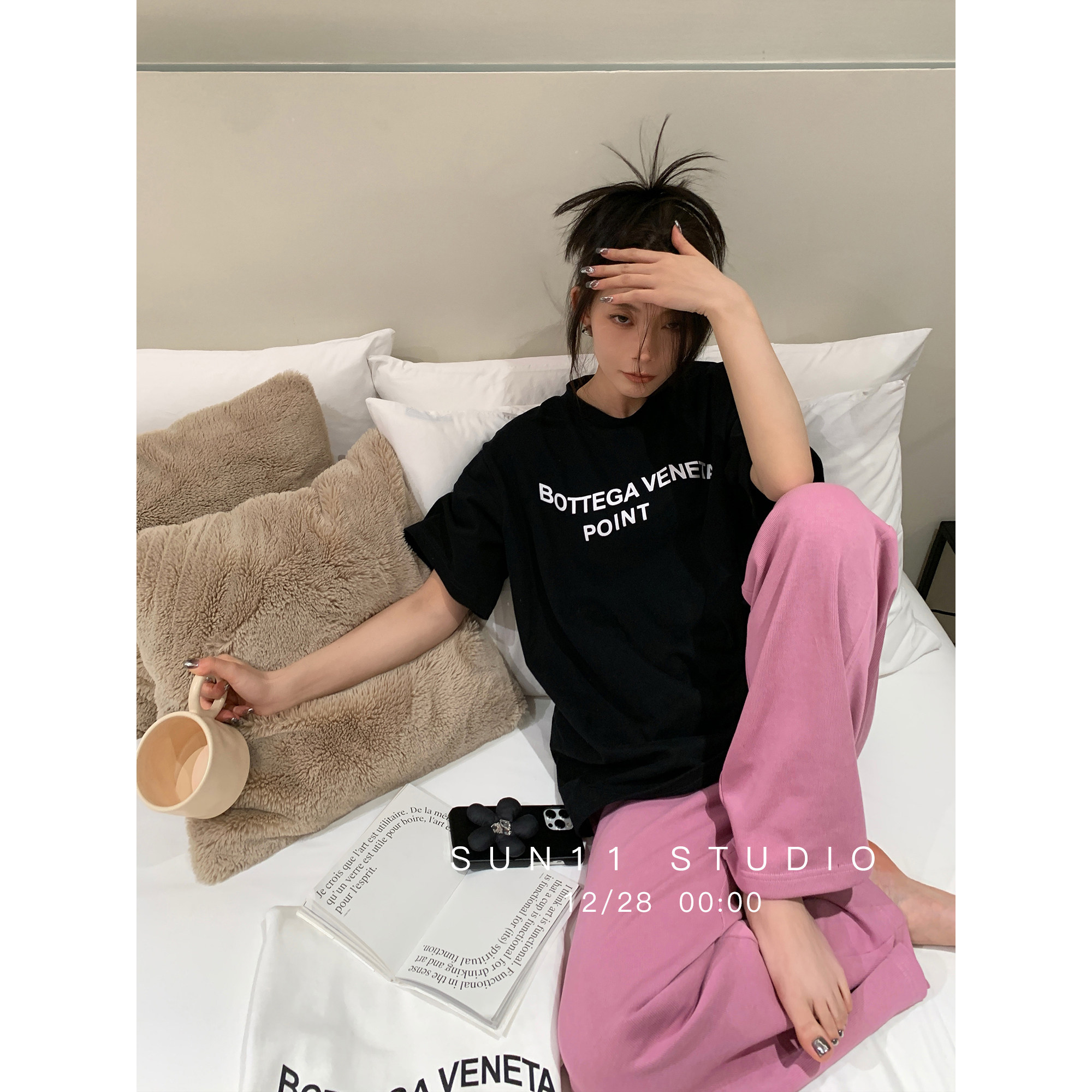 SUN11 black short sleeve T-shirt woman 2022 New easy port Wind in long version boyfriend Wind Alphabet Pure Cotton Blouse