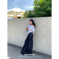 Футболка sunoneone慵懒风露肩t恤女秋冬新款长袖斜肩一字肩设计感短袖上衣