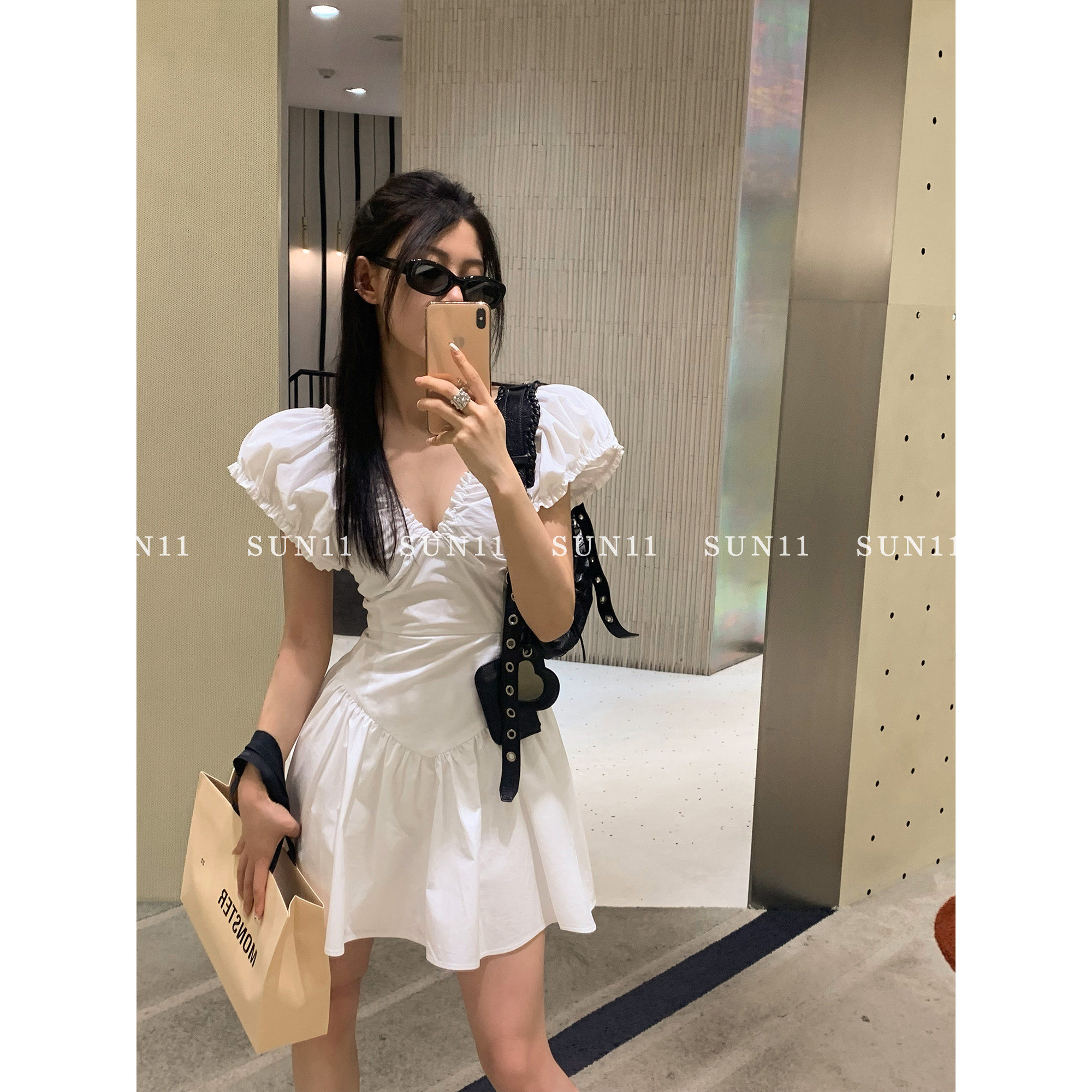 SUN11 French white pleated dress women's spring high-end sense waist slimming sweet fairy princess skirt