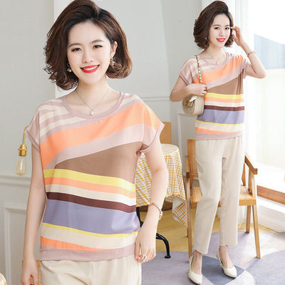 妈妈装夏装套装夏季新款中老年女装短袖t恤两件套50岁中年人上衣