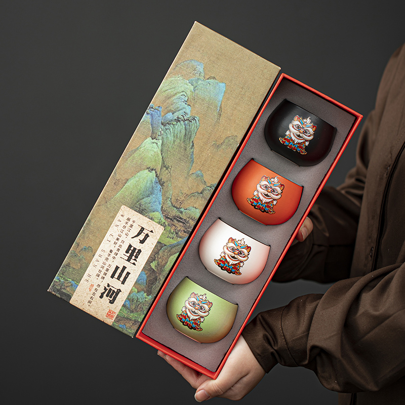 Chinese-Style Guangdong Lion Dance Cultural and Creative Gift Box, Tea Cup, Wine Glass, Christmas, Halloween, Foreign Company Souvenir Gifts