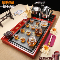 Ren gu tea tray set household purple sand ice cracked celadon glass kung fu solid wood tea tray tea table automatic induction cooker