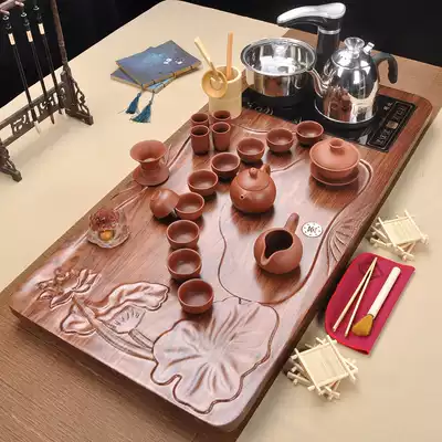 Ren gu tea set set household simple purple sand kung fu glass ice cracking tea set tea tray tea table full automatic induction cooker