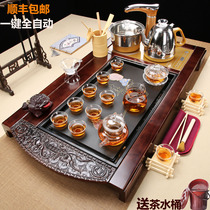 Tea set set household ice cracked purple sand glass celadon solid wood tea tray tea table with automatic induction cooker