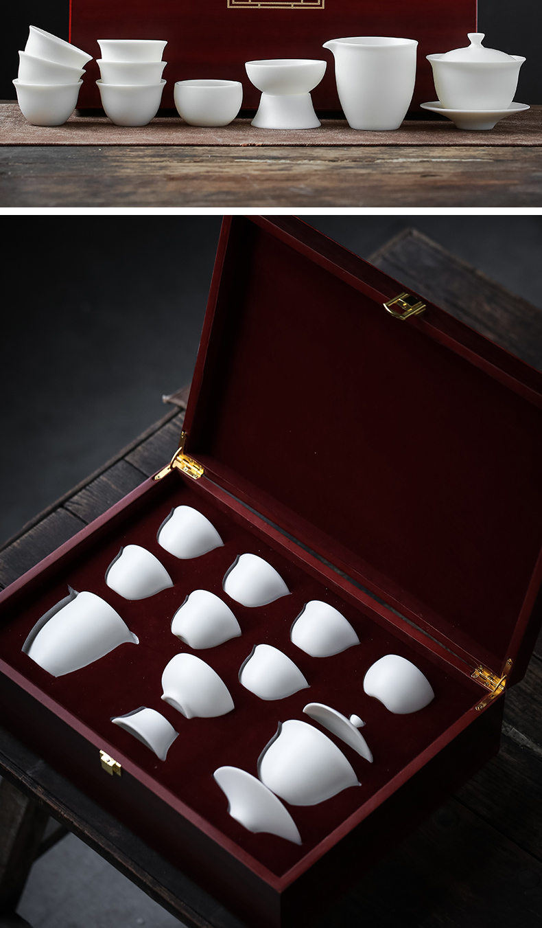 Become precious little listening suet jade white porcelain dehua high - end kung fu tea set home only three tureen gift gift box