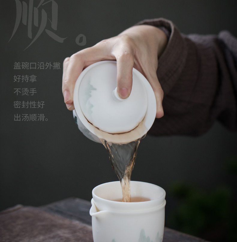 "Precious little hand - made aoyama, abbreviation suet jade white porcelain three tureen high - end kung fu tea cup bowl is home