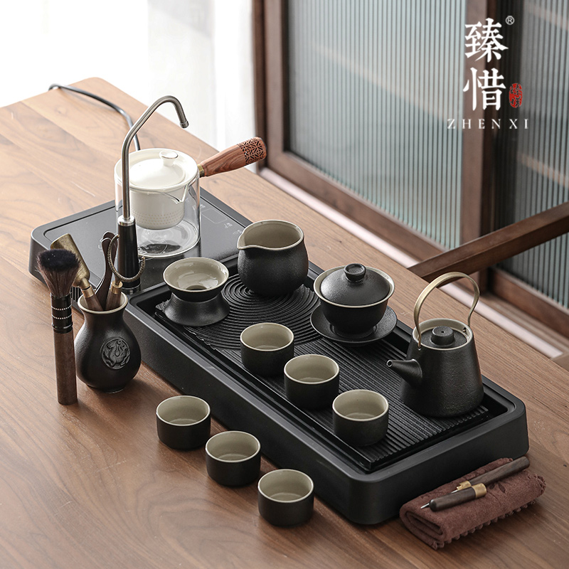 A Treasure Black Pottery Tea Set Suit Home Living Room Office Guests Small Teatai Electric Pottery Stove Cooking Integrated Tea Tray-Taobao