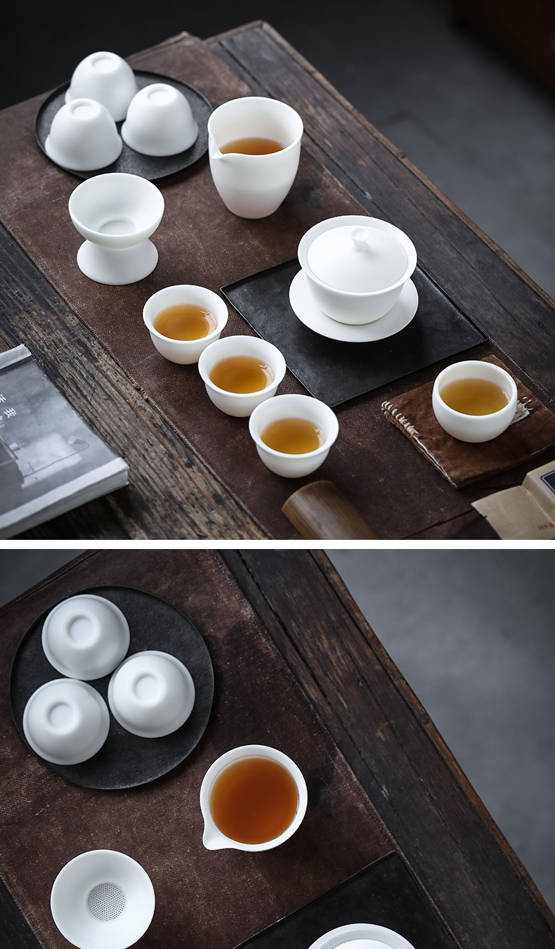 Become precious little listening suet jade white porcelain dehua high - end kung fu tea set home only three tureen gift gift box