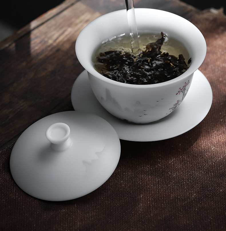 Become precious little hand - made with water up to the mountain jade suet white porcelain three tureen high - end kung fu tea bowl cups of household